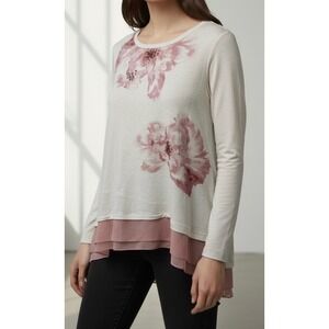 Logo Lounge Womens 1X Cream Pink Floral Rhinestone Layered Asymmetrical Tunic